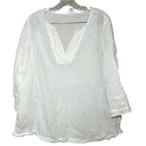sigrid olsen white blouse women's large 100% linen resort vacation summer classy